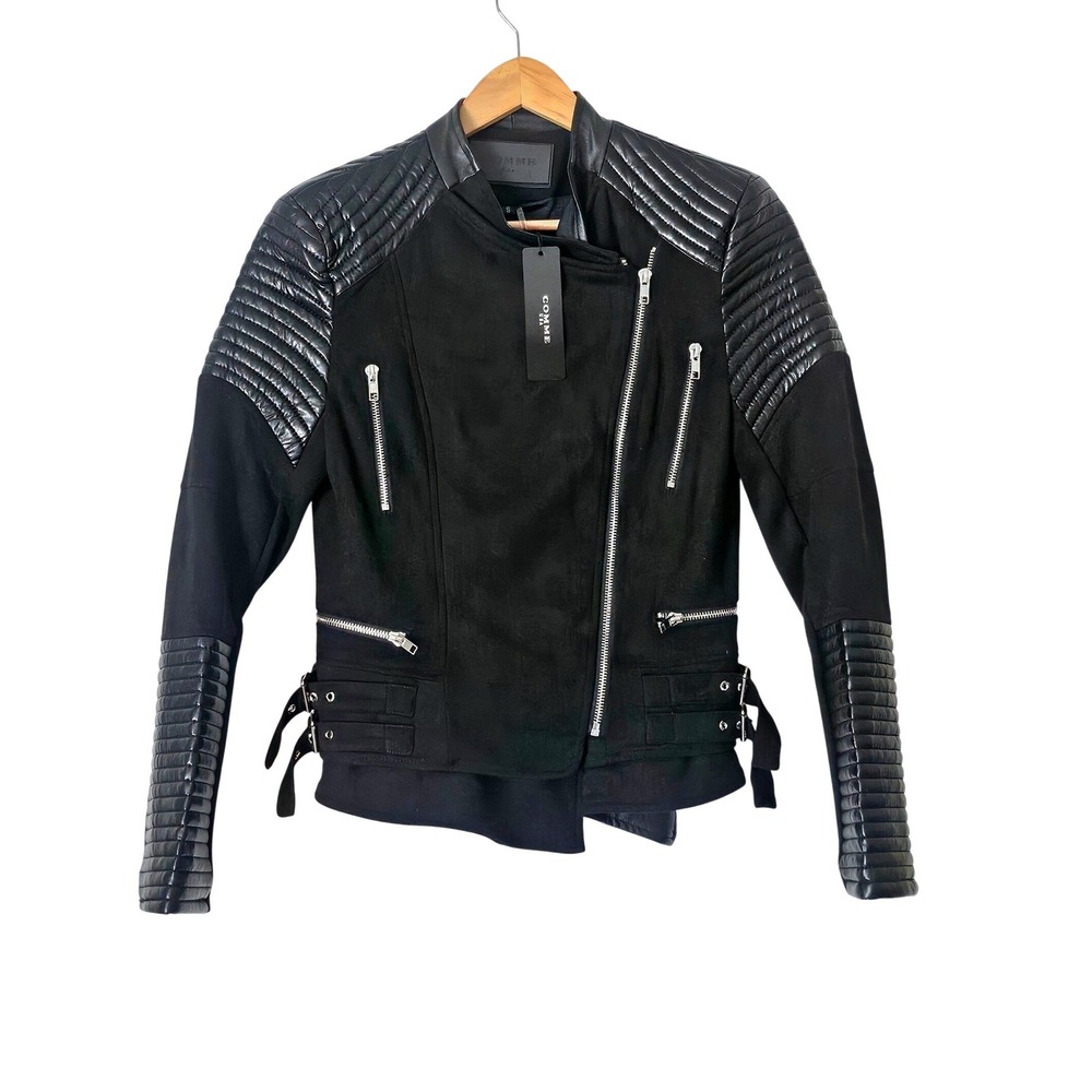 COMME USA NWT Black Faux Suede Leather Moto Biker Jacket Quilted Size S Grunge